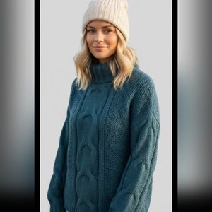 Seven 7 Teal Cable Knit Turtleneck Sweater Women's Small Cozy Winter 346Warm